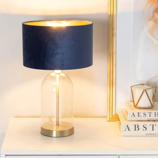 ValueLights ValueLights Jessy Glass with Gold Trim Table Lamp with Velvet Drum with Gold Shade & Bulb in Dark Navy Dark Navy One Size Unisex 505940606