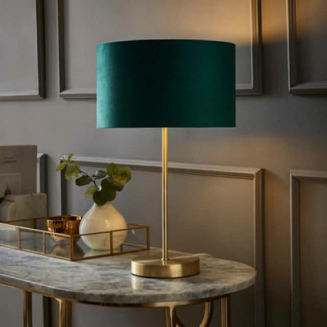 ValueLights ValueLights Charlie Gold Stem Table Lamp with Velvet Drum with Gold Inner Lamp Shade in Bottle Green Bottle Green One Size Unisex 50594060