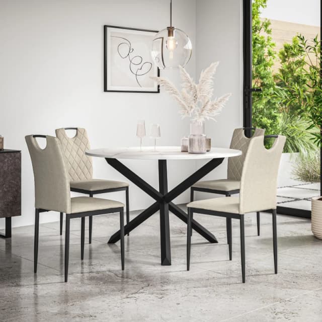 More4Homes Malvern Round Dining Table And Chairs - Marble Table Top W Solid Oak Black Legs + Monza Fabric Dining Chair Set Of 4 (Beige)