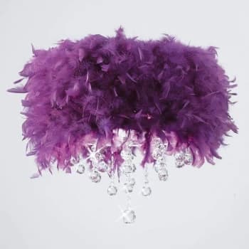 Ibis ceiling lamp with purple feather shade 3 polished chrome / crystal bulbs
