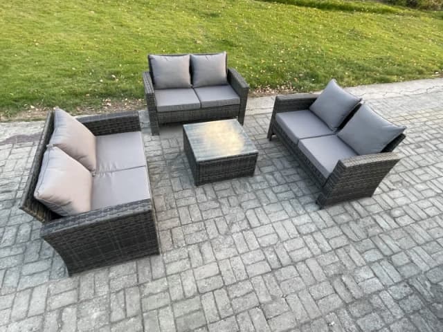 Fimous 6 Seater Rattan Wicker Garden Furniture Patio Conservatory Sofa Set with Square Coffee Table Double Seat Sofa in Dark Grey Dark Grey Unisex