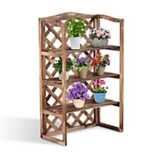 Outsunny 3-Tier Fir Wood Flower Stand, 75Lx38Wx120H cm-Carbonized Wood Colour