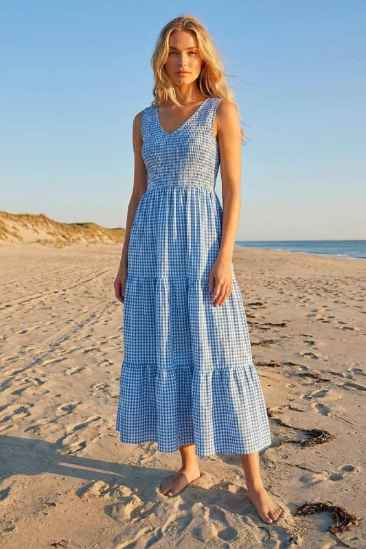Dusk Womens Gingham Tiered Midi Dress in Blue Size: 10 Blue Female 10