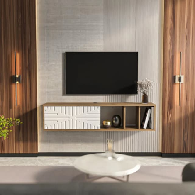 Decorotika Modern Teo Floating TV Unit Walnut And White