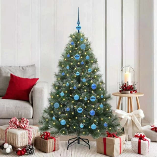 vidaXL Artificial Christmas Tree with 150 LEDs & Blue Balls Snow Flocked Green 150cm PE and PVC, Green 3397842