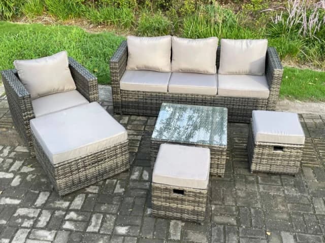 Fimous 6 PCS Outdoor Lounge Sofa Set Wicker PE Rattan Garden Furniture Set with Coffee Table 3 Small Footstools Dark Grey