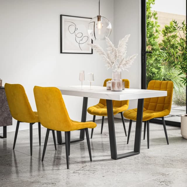 More4Homes Aria Dining Table And Chairs - White Marble Effect Table Top W Black Legs + Nova Velvet Dining Chair Set Of 6 (Mustard)