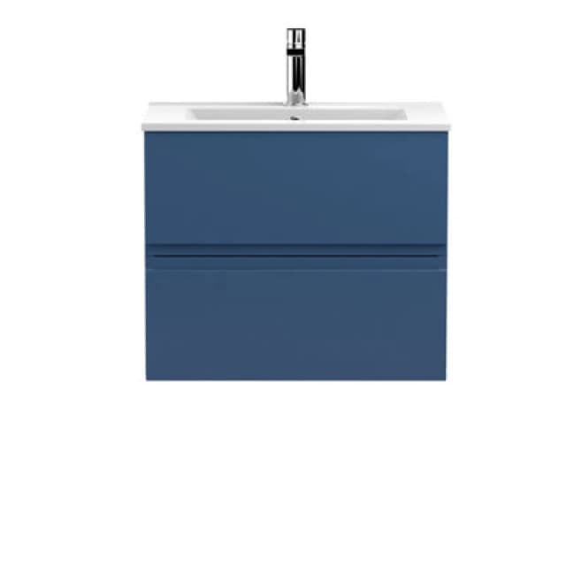 Nuie Hudson Reed Urban Wall Hung 2 Drawer Vanity Unit With Minimalist Ceramic Basin, Modern Bathroom Furniture In Satin Blue, 600mm