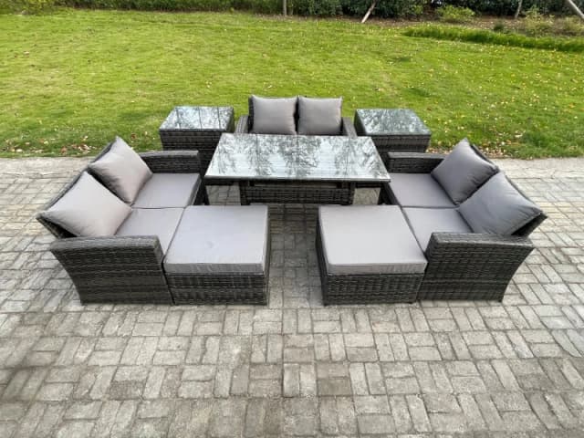Fimous Wicker PE Rattan Garden Furniture Sets Outdoor Lounge Sofa Set with Oblong Dining Table Double Seat Sofa 2 Big Footstool in Dark Grey Dark Grey