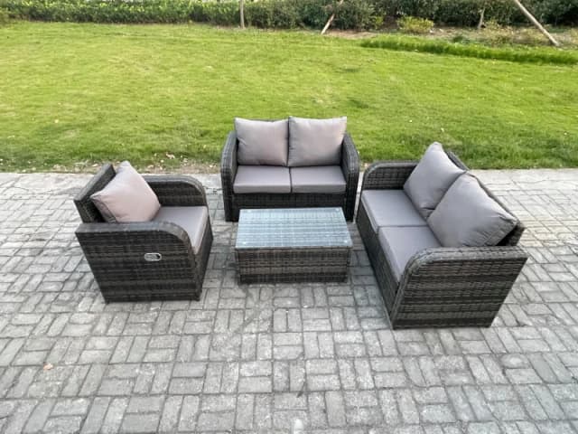 Fimous High Back Rattan Garden Furniture Set with Loveseat Sofa Rectangular Coffee Table Indoor Outdoor Patio Lounge Sofa Set Dark Grey Mixed Dark Gre