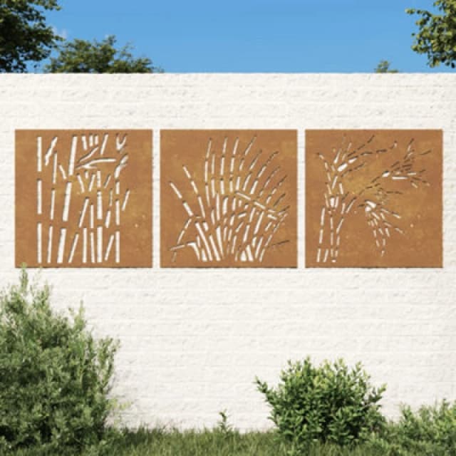 vidaXL Garden Wall Decorations 3pc 55x55cm Corten Steel Grass Design, Brown 824509