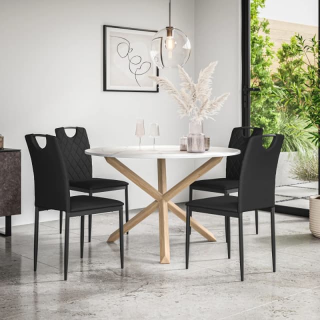 More4Homes Malvern Round Dining Table And Chairs - Marble Table Top W Solid Oak Legs + Monza Faux Leather Dining Chair Set Of 4 (Black)