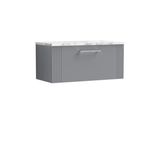 Nuie Deco Wall Hung 1-Drawer Vanity Unit & Bellato Grey Laminate Worktop, Counter Top Vanity Unit In Satin Grey, 800mm
