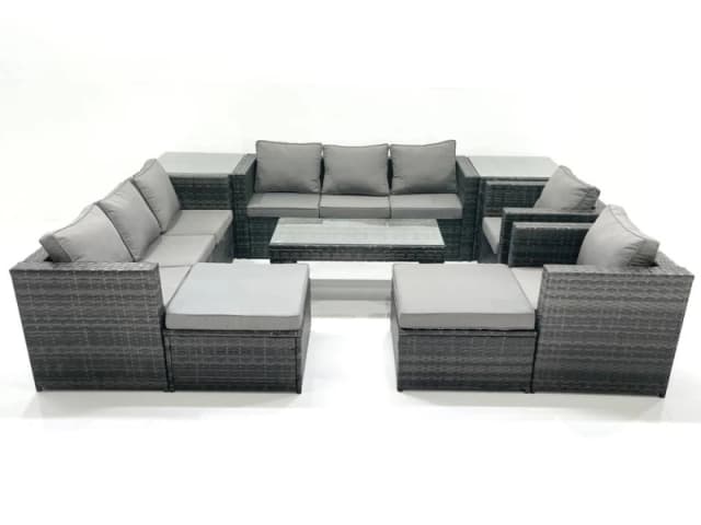 Fimous Rattan Garden Furniture Sofa Set with Coffee table Armchair 2 Side Tables 2 Big Footstools Dark Grey Mixed Dark Grey