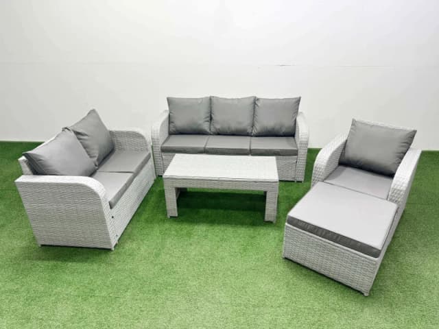 Fimous Patio PE Wicker 7 Seater Outdoor Rattan Furniture Sofa Sets with Oblong Coffee Table Reclining Chair Loveseat Sofa 3 Seater Sofa Big Footstool