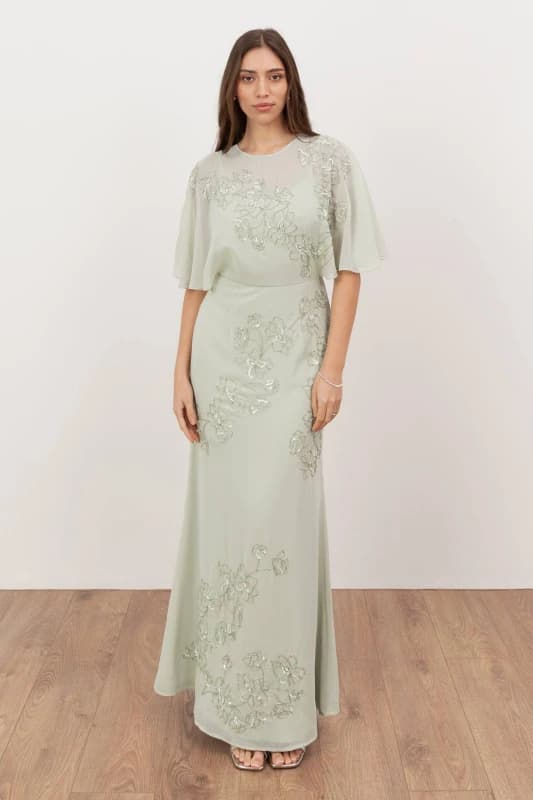Maya Deluxe Womens Floral Embellished Angel Sleeve Maxi Dress in Light Green Size: 10 Light Green Female 10