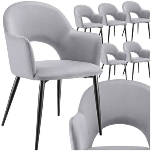 Tectake Set Of 6 Dining Chair Sasha- Padded Armchair In Velvet Look, Continuous Backrest - Light Grey