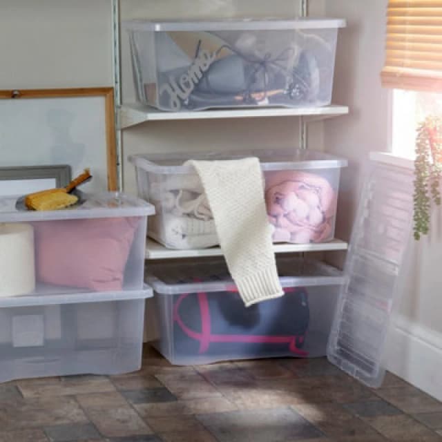 Wham Crystal 5x 45L Stackable Plastic Storage Organiser Box and Lid Clear