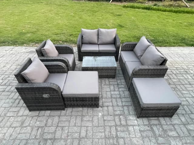 Fimous 8 Seater Garden Furniture Set Rattan Outdoor Lounge Sofa Chair With Tempered Glass Table 2 Big Footstool Dark Grey Mixed Dark Grey