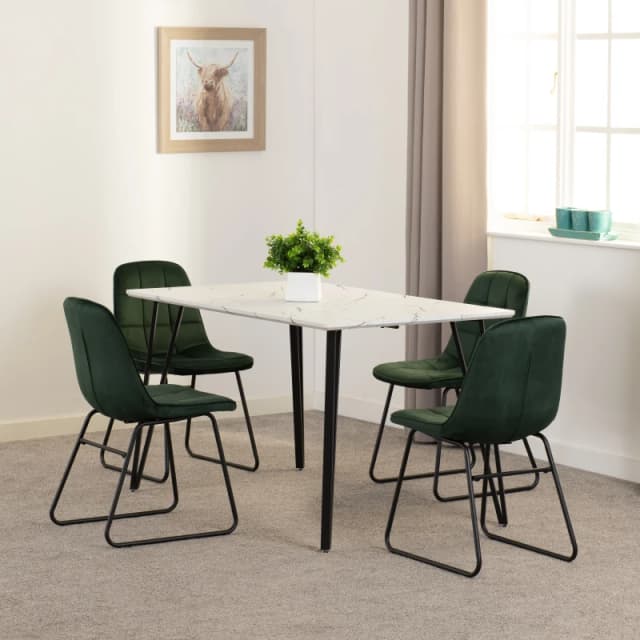 Seconique Marlow & LUKas Dining Set (x4 Chairs) - White Marble/Emerald Green Velvet, White 400-401-338