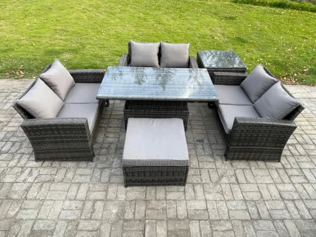 Fimous 7 Seater Rattan Wicker Garden Furniture Patio Conservatory Sofa Set with Height Adjustable Rising Lifting Table Footstool in Dark Grey Dark Gre