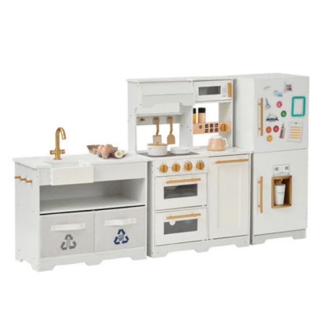 Teamson Kids Little Chef Atlanta Modular Play Kitchen In White & Gold With 17 Accessories, Magnetic Fridge & Realistic Details