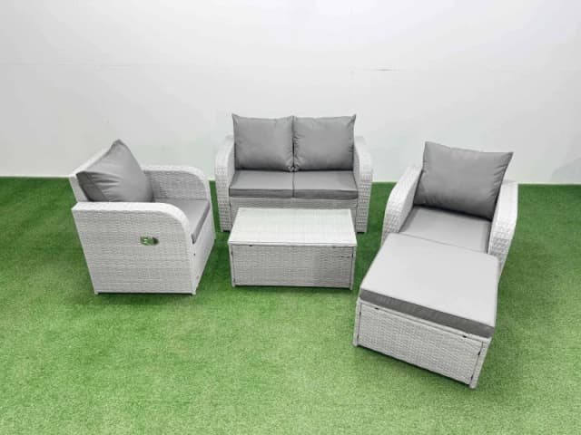 Fimous Light Grey PE Wicker Rattan Garden Furniture Set Sofa Set Reclining Adjustable Chair Rectangular Coffee Table 5 Seater With Footstool Light Gre