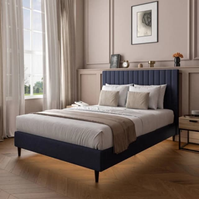 X Rocker Maisie Upholstered Velvet Bed Frame with LED Lights Navy