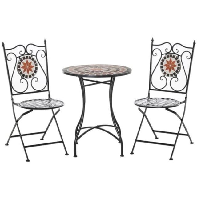 Outsunny 3PCs Garden Set 1 Ceramic Tile Round Table and 2 Foldable Chairs Black