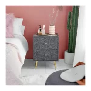 Velvet Bedside Table - Grey Bedside Cabinet - Leopard Print Nightstand With Glass Top & Gold Legs - Animal Print Bedside Drawers - Side Table For