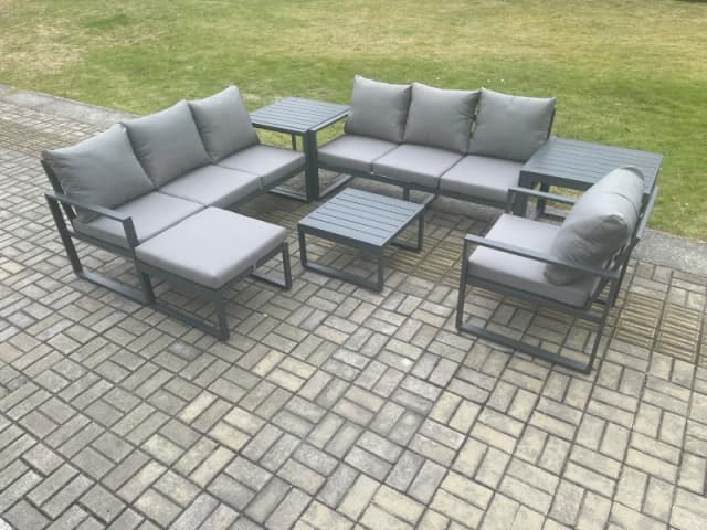 Fimous Aluminium 8 Seater Outdoor Garden Furniture Lounge Sofa Set with Square Coffee Table Chair Big Footstool 2 Side Tables Dark Grey Dark Grey Unis