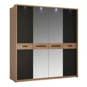 Monaco 4 Door Wardrobe With Mirror Doors In Oak Effect And Black