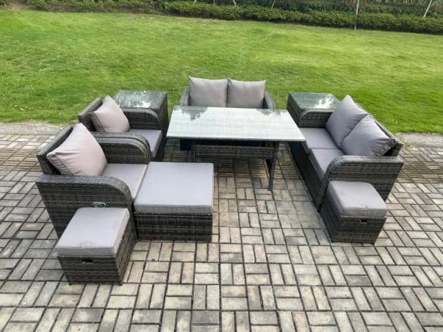 Fimous Outdoor Rattan Garden Furniture 10 piece Grey Patio Furniture Set 9 Seater Lounge Sofa Set with Rectangular Table in Dark Grey Dark Grey Unisex
