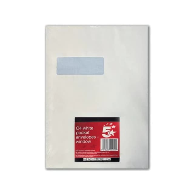 5 Star Office Peel and Seal C4 Windowed Envelope 90gsm - White (10 Pack) FS600450