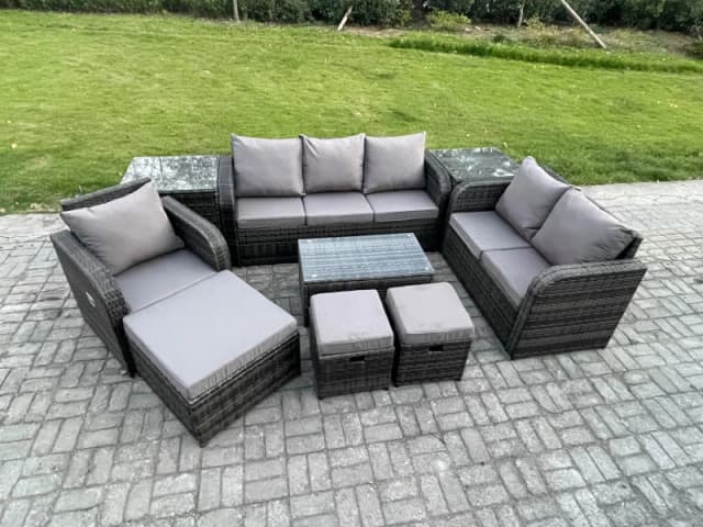 Fimous Outdoor Garden Furniture Sets 9 Pieces Wicker Rattan Furniture Sofa Sets with Rectangular Coffee Table Loveseat Sofa 3 Footstools 2 Side Tables