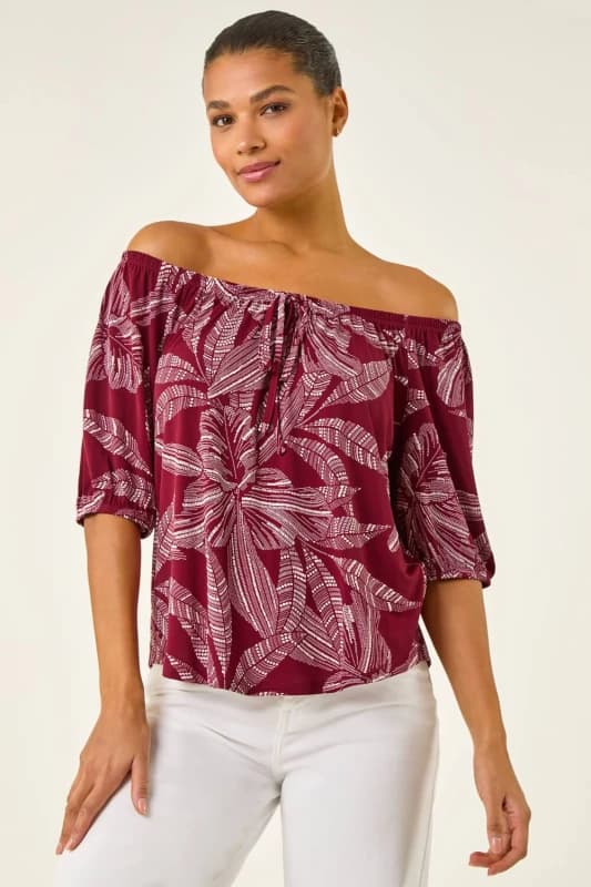 Roman Womens Floral Puff Print Bardot Top in Red Size: 12 Red Female 12