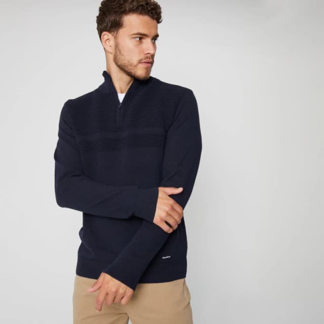 Threadbare 'Foxwood' Rib Detail Crew Neck Quarter Zip Jumper Navy