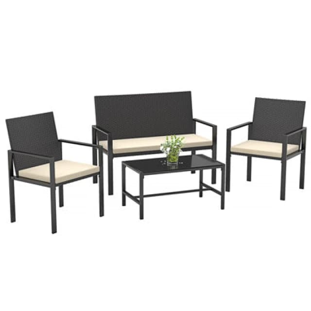 Rattantree Minimalist 4 Pieces Garden Furniture Set with Armchairs, Loveseat and Table Black