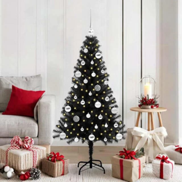 vidaXL Christmas Tree with 150 LEDs, Silver Balls with Stand Black 150cm PVC, Black 3396470