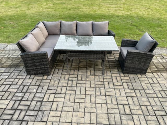 Fimous 7 Seater Garden Rattan Furniture Corner Dining Set Indoor Outdoor Lounge Sofa Set Dark Grey Mixed Dark Grey Unisex