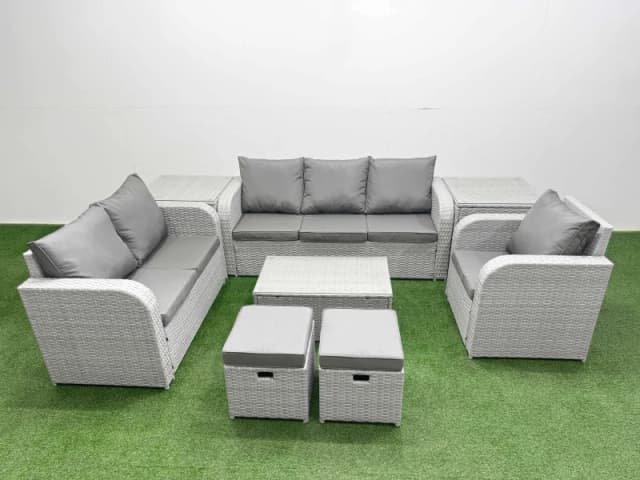 Fimous Patio PE Wicker 8 Seater Outdoor Rattan Furniture Sofa Sets with Rectangular Coffee Table Reclining Chair Loveseat Sofa 3 Seater Sofa Stool 2 S
