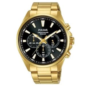Mens Gold Plated Dress Bracelet Chronograph Watch Black Dial 100M