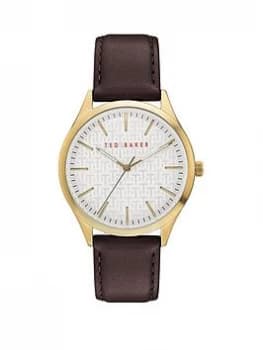 Ted Baker Silver Sunray and Gold Detail Dial Brown Leather Strap Watch, One Colour, Men