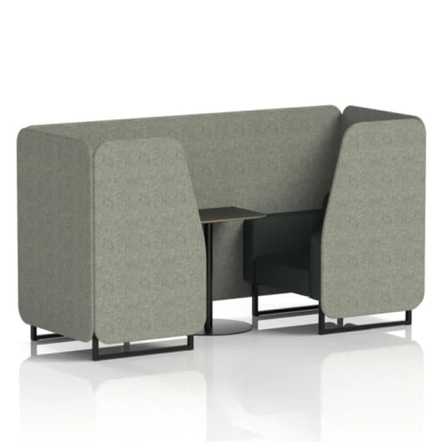 Brixworth 2 Seater Office Booth with Front Panel - Black Legs and Black Table with Black Leg in Rivet Fabric - Vitreous Panels and Charcoal Sofa