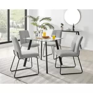 Furniturebox UK - Furniturebox Seattle Glass and Black Metal Leg Square Dining Modern Industrial Dining Table & 4 Light Grey Halle Fabric Chairs