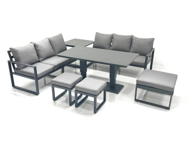 Fimous 9 Seater Aluminium Outdoor Garden Furniture Set with Adjustable Rising Lifting Dining Table 3 Seater Sofa 3 Footstools Side Table Dark Grey Dar