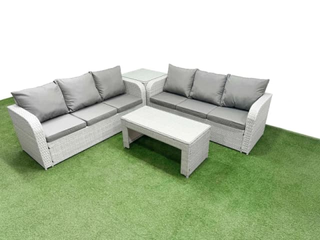 Fimous Outdoor Garden Furniture Sets 6 Seater Wicker Rattan Furniture Sofa Sets with Oblong Coffee Table high Back Lounge Sofa Side Table Light Grey L