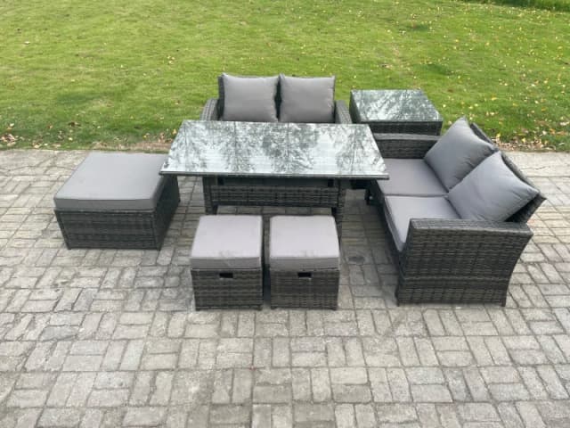 Fimous 7 Seater High Back Outdoor Garden Furniture Rattan Sofa Dining Table Set with 3 Footstools Side Table Dark Grey Mixed Dark Grey Unisex
