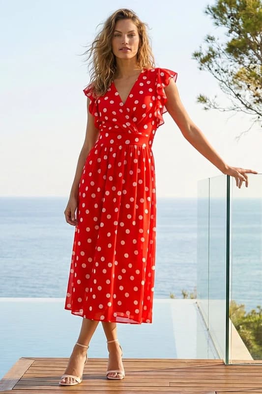 Roman Womens Spot Frill Fit & Flare Dress in Red Size: 18 Red Female 18