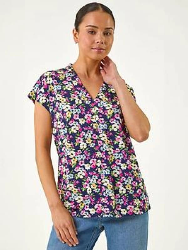 Roman Womens Petite Floral V-Neck Stretch Top in Navy Size: 18 Navy Female 18